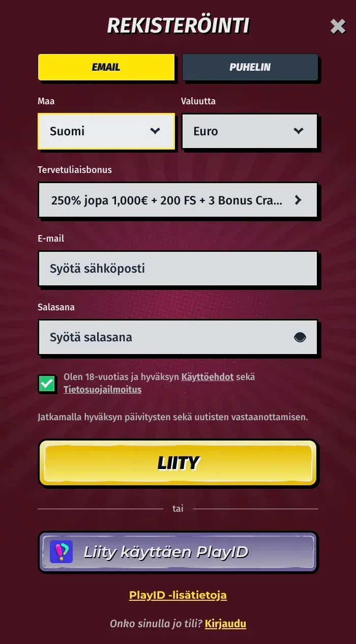 Rekisteröintilomake AllySpin casino